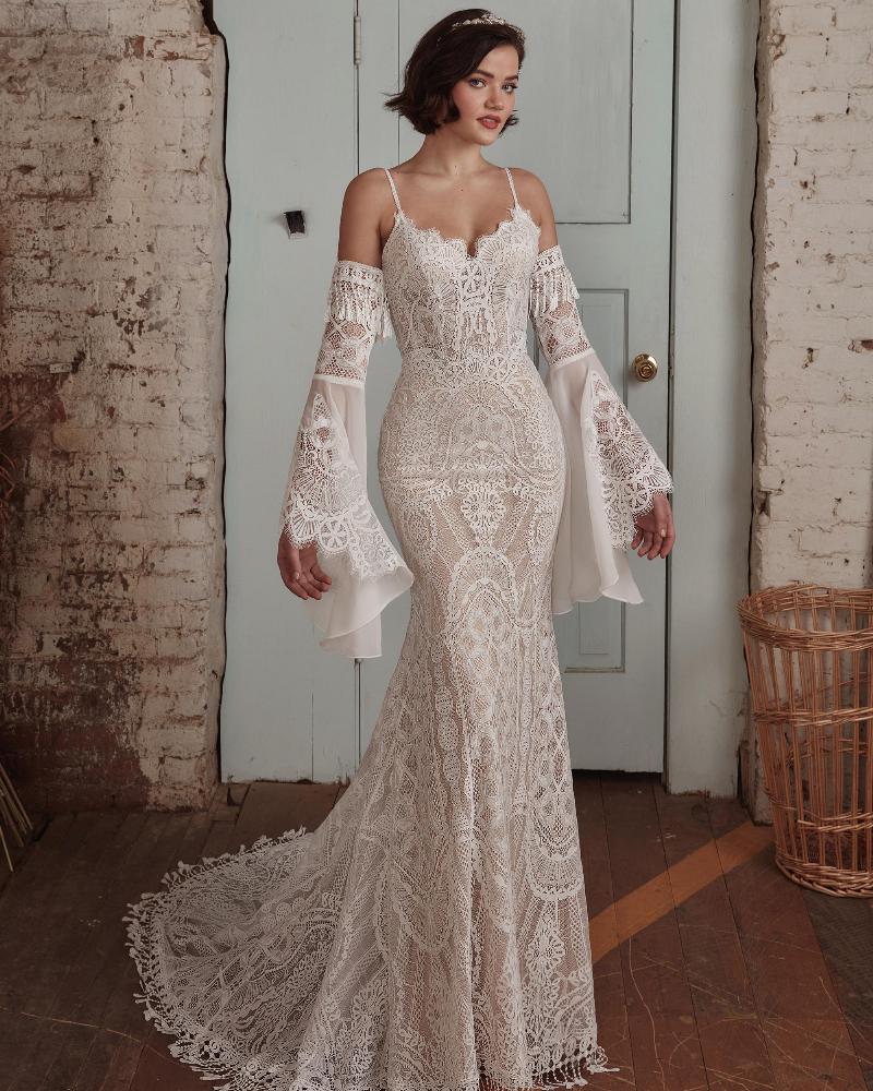 Lp2124 vintage boho wedding dress with bell sleeves and overskirt3